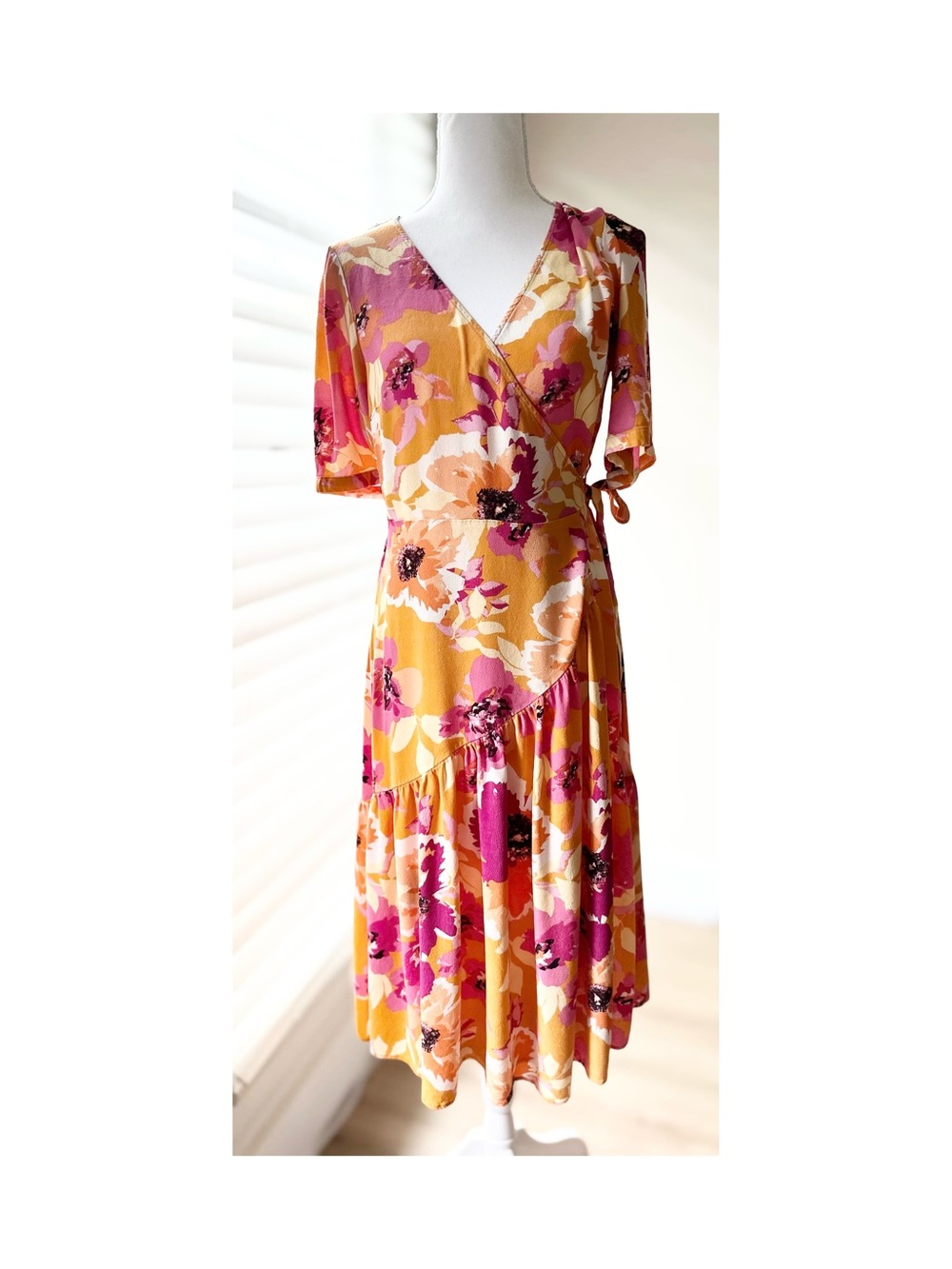 Floral Wrap Midi Dress in Mustard and Pink